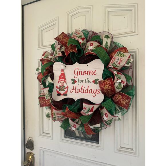Gnome for the Holidays Christmas Wreath, Gnome Sign Green, Red, Gold Ribbons xxx - Picture 7 of 8